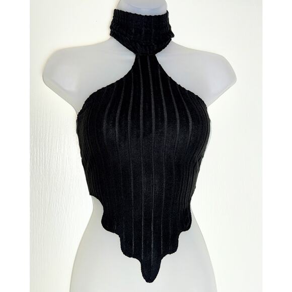 New Medium‎ Black High Neck Sleeveless Turtleneck Ribbed Drip Hem Crop Triangle - Picture 3 of 5